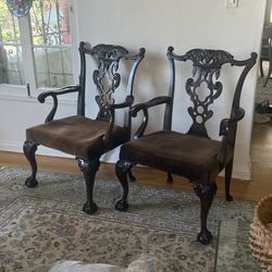 Early 20th c hand carved mahogany chippendale Arm chairs with velvet cushions, a pair