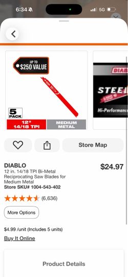 Diablo 12" 14/18 TPI Bi-Metal Reciprocating Saw Blades 5-Pack