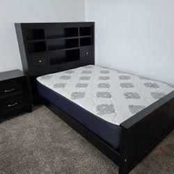 Black Full Bedroom Set with Bookshelf Headboard, Chest, Nightstand & Mattress