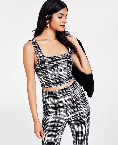 Misses Bar III Black & White Plaid-Print Large Tank Crop TOP, Blouse. NWT! Cute