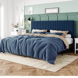 Used-Like New Navy Blue King Size Bed Frame, Velvet Upholstered Platform