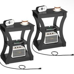 Nightstand Black End Table Set of 2 with Charging Station, Skinny Side Table with USB Ports and Outlets