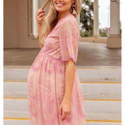 Pink Lace Mesh Overlay Maternity Maxi Dress