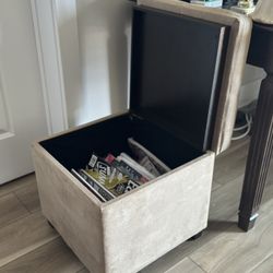 Velvet Ottoman Beige and Dark Brown Wood