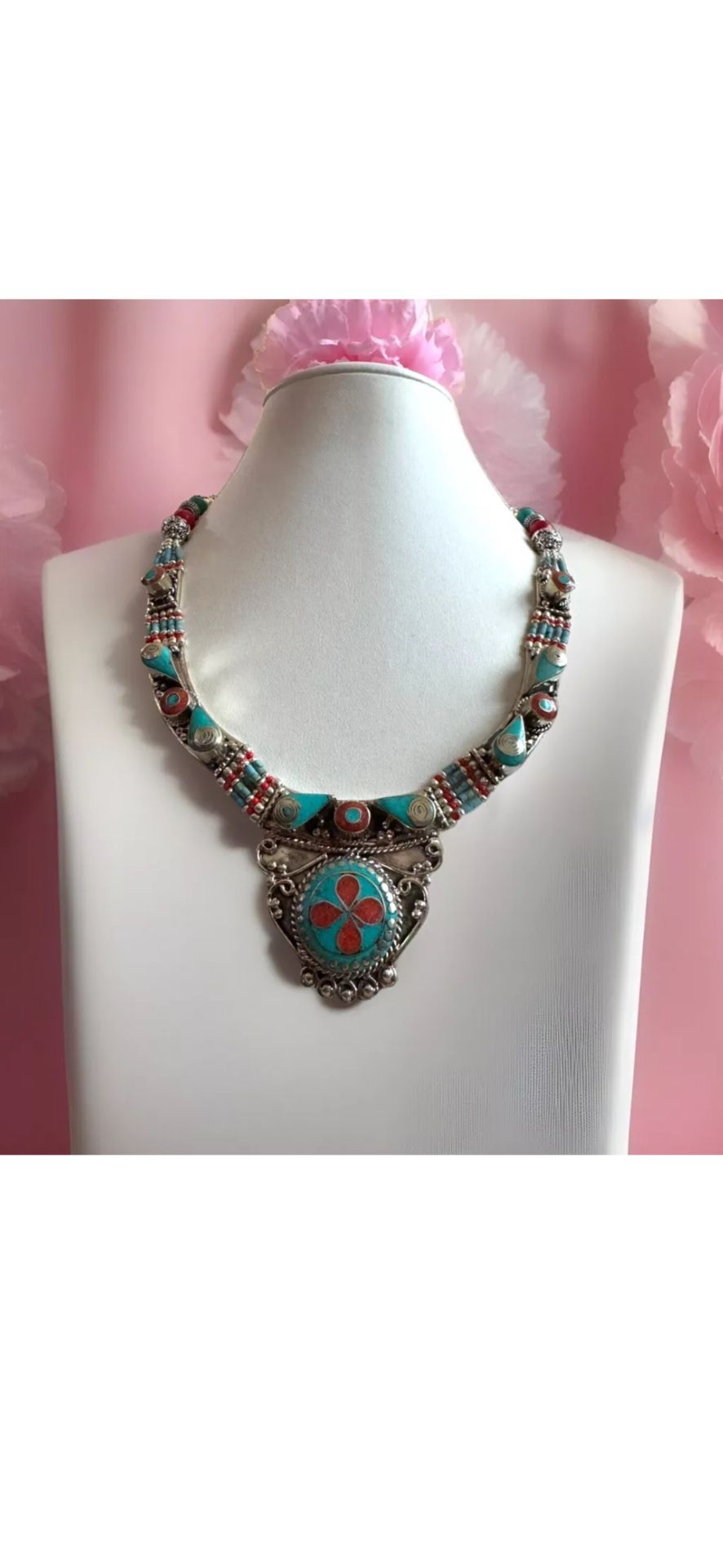 Stunning handcrafted Tribal Theme Necklace Inlay coral & turquoise set in Silver 18”inch