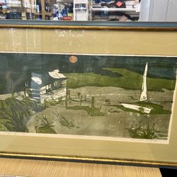 RARE 1972 ELLEN NATHAN SINGER "VINEYARD EVENING" 24X12 INCHES FRAME 32X20 INCHES