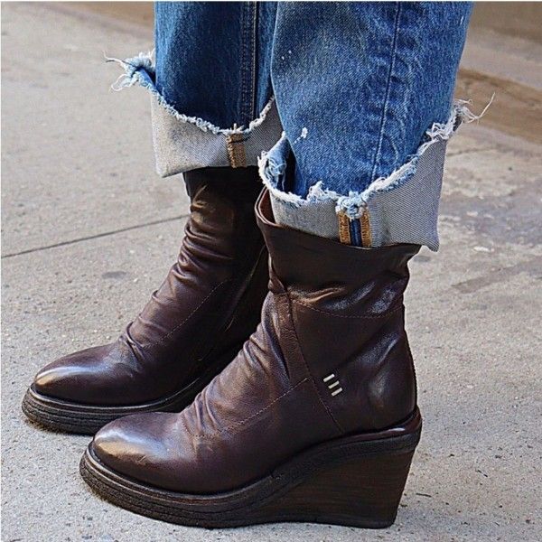 A.S.98 Women's Tremont Leather Wedge Ankle Booties Size European 38/US 7.5-8 platform Chunky flat