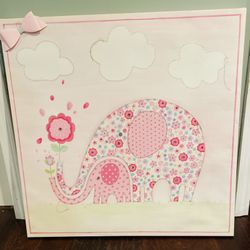 Girl’s Nursery/Bedroom Decor: Floral Momma and Baby Elephant with Clouds and Actuals Ribbon and Jewels; Size: 30”H x 30”W x 1.5”D; Square Shape