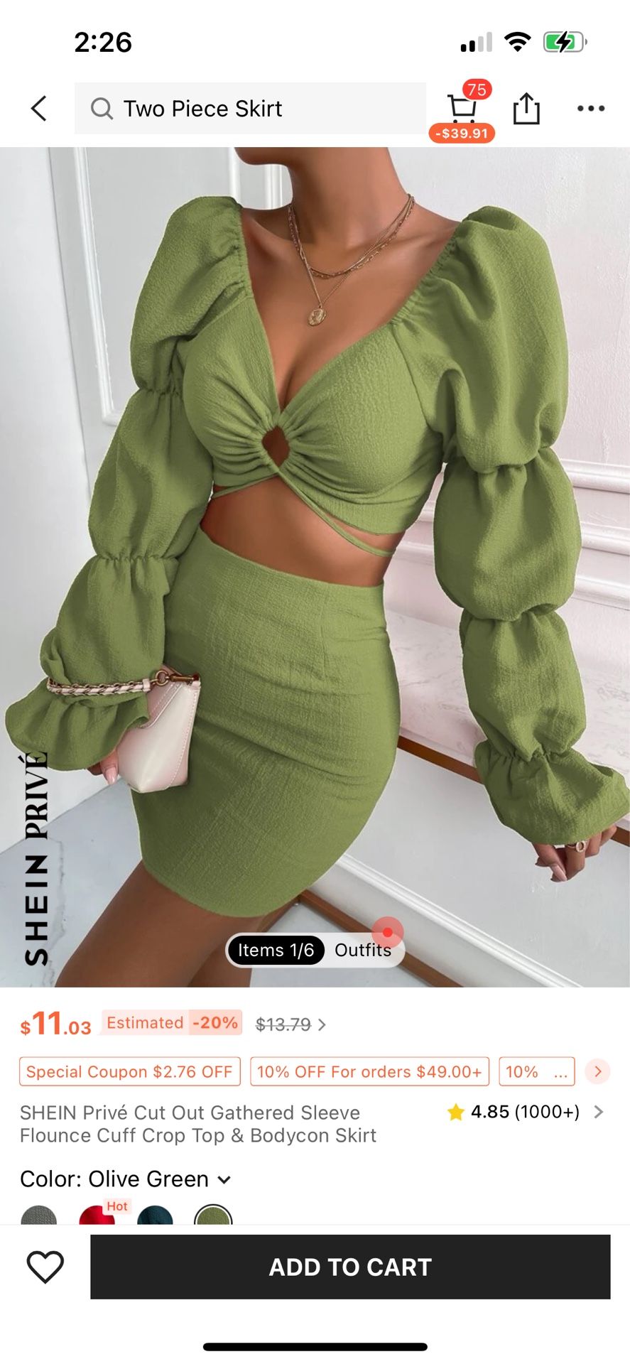 Green Two Pc Outfit Skirt Crop Long Leave Top Set