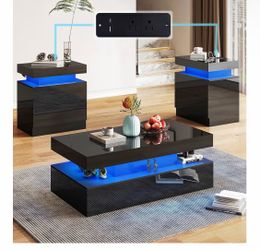 Modern LED Coffee Table & End Table Set – High Gloss Black with USB Charging Ports