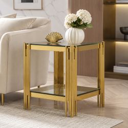 New Modern Gold Glass Side Table with 2-Tier Shelf – Luxury End Table / Nightstand