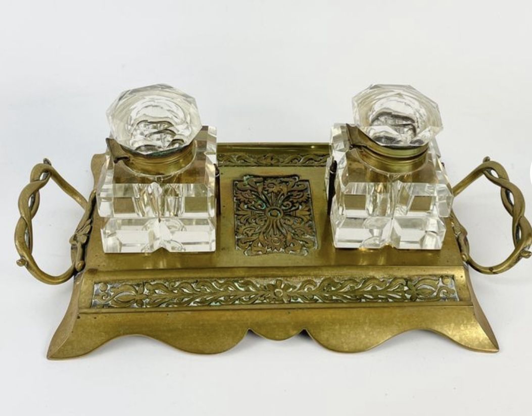 Antique Brass And Crystal Inkwell