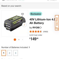 Ryobi 40V Lithium Ah Battery Including Charger