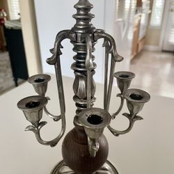 Vintage Dilly 6 Arm Candelabra Candle Holder, Antique Silver & Wood, 10" high