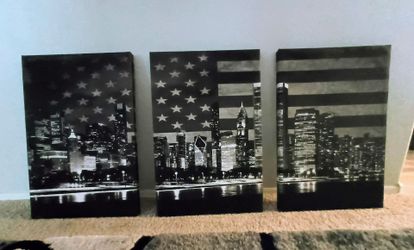 3-Piece Black, Gray& White,  American Flag Wall Art