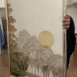 Vintage Gold Etched Artwork Oriental mirror 