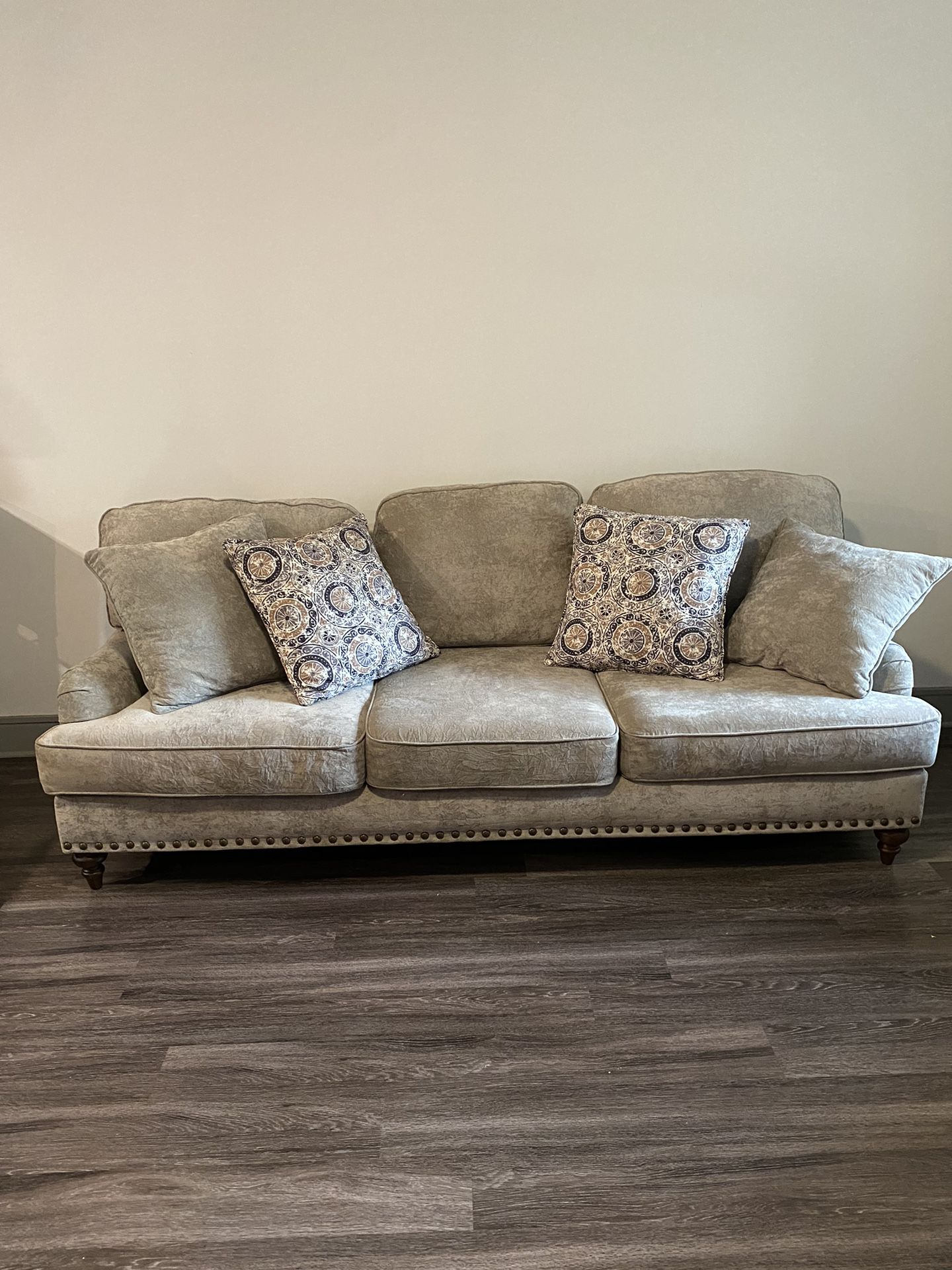Modern Elegance Loveseat & Couch - Gently Used, Grayish-Tan with Bronze Accents