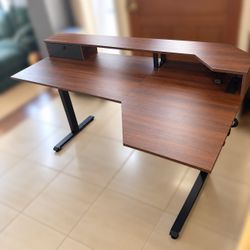 Large 63 x 35 Inch Corner L Shaped Desk, Dark Walnut , L-shape Workspace, Sturdy Steel Frame, Hooks, Power Outlets, LED light, storage Drawer