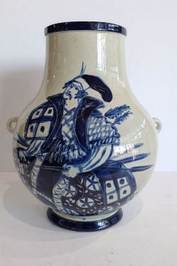 Hand Painted Vase - Vintage Blue White Hand Painted Ceramic Vase Urn Figural Art Pottery