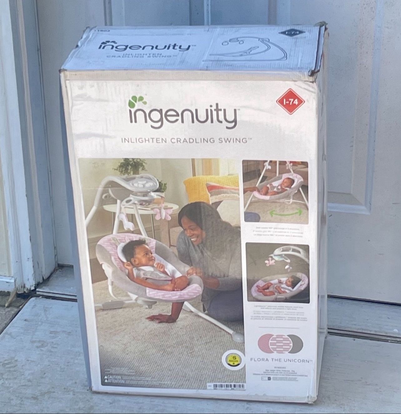 Ingenuity InLighten Baby Swing, Easy-Fold Frame, Swivel Infant Seat, Lights - Flora the Unicorn (Pink)