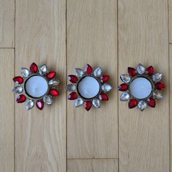 3 Jeweled Metal Candle Holder Diya. Ruby & Diamonds Handcrafted Elegance! 3.5". Limited Edition Collectible!
Add a touch of elegance to your home deco