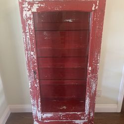 Red Vintage Wood Display Cabinet with Glass Shelves and Door