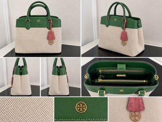 Tory Burch Robinson Canvas Leather Satchel Bag Green Beige Pink Charm Crossbody