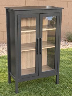 Tall Black Glass-Door Display Cabinet with Adjustable Shelves