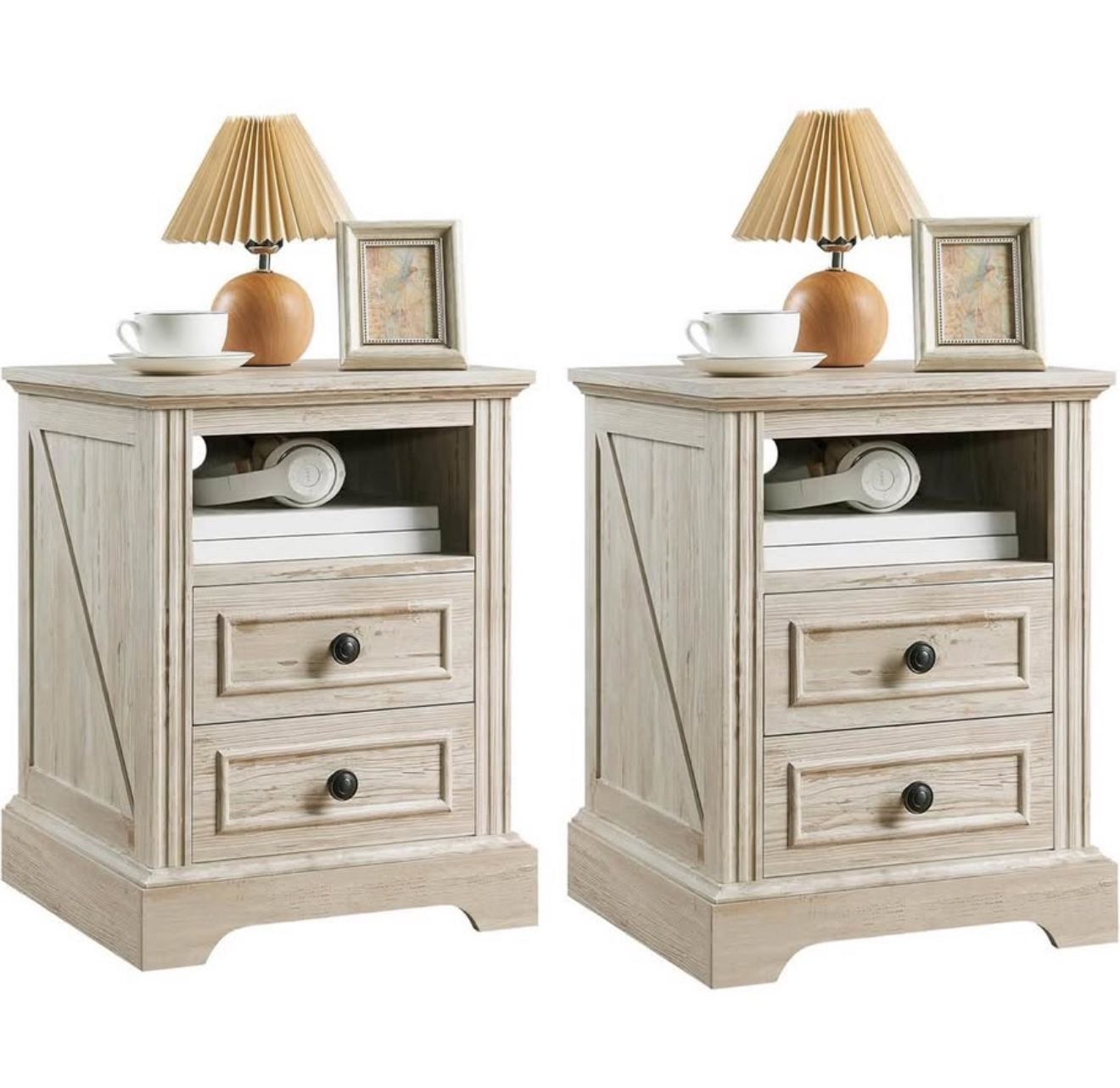   Nightstand Set of 2 with Charging Station, Bedside Table with Open Storage and 2 Drawers, Side Table 18" Retro, End Table for B