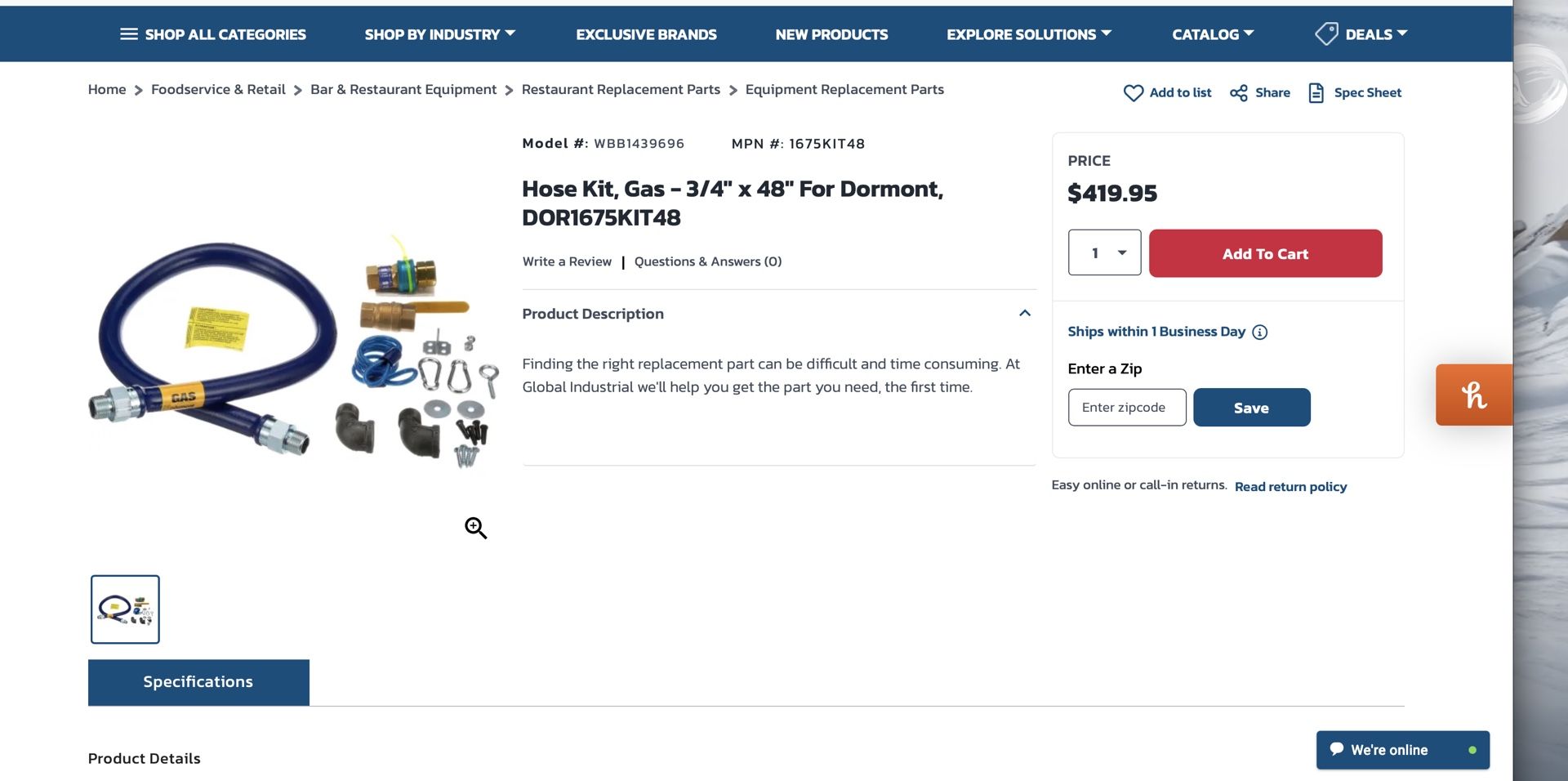 Dormont Gas Connector Hose ONLY Model #: WBB1439696 MPN
