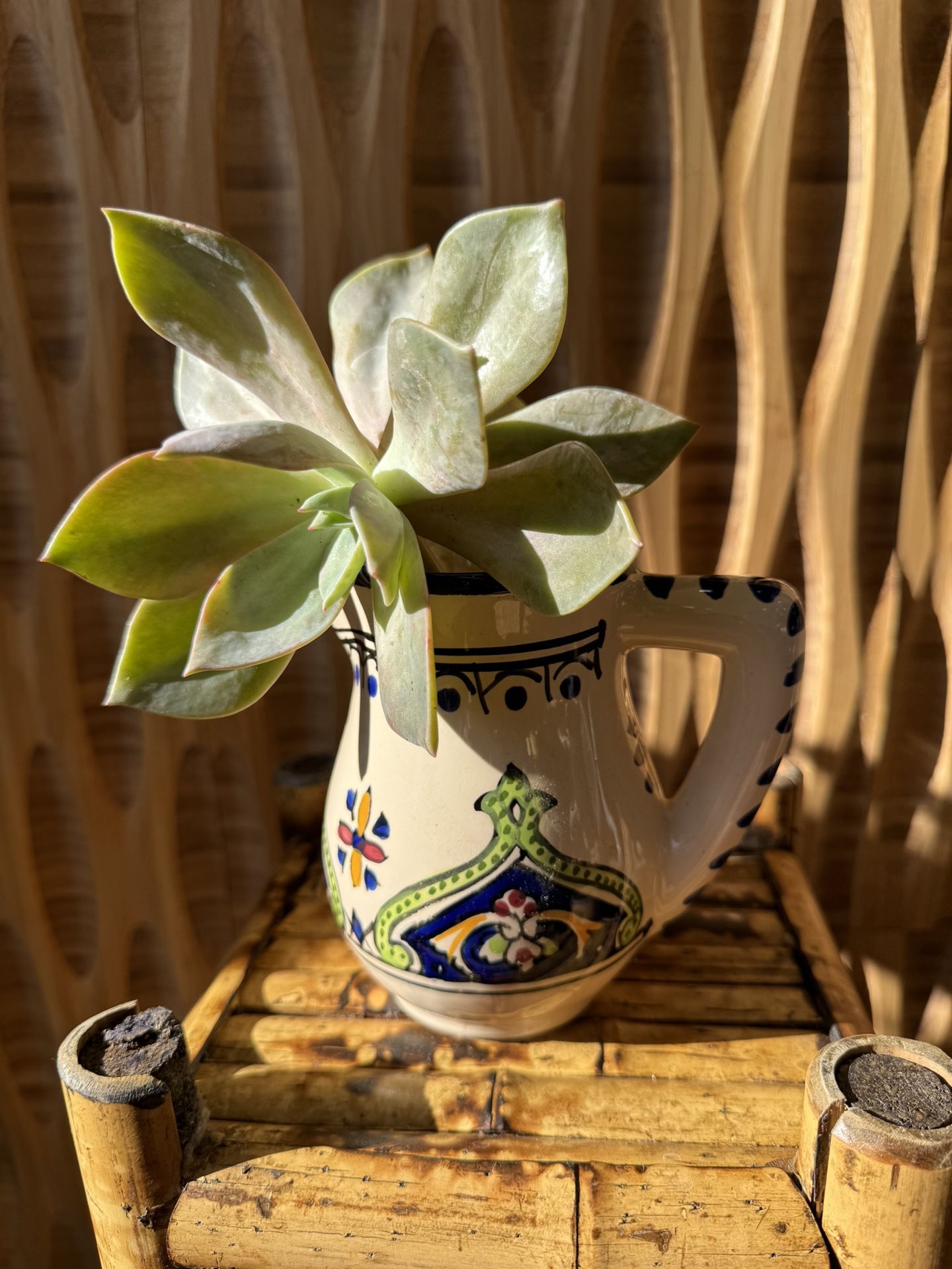 Vintage Tunisia Pitcher Handmade Hand Painted Geometric Creamer Floral Vase Boho Ceramic Decor Blue Green
