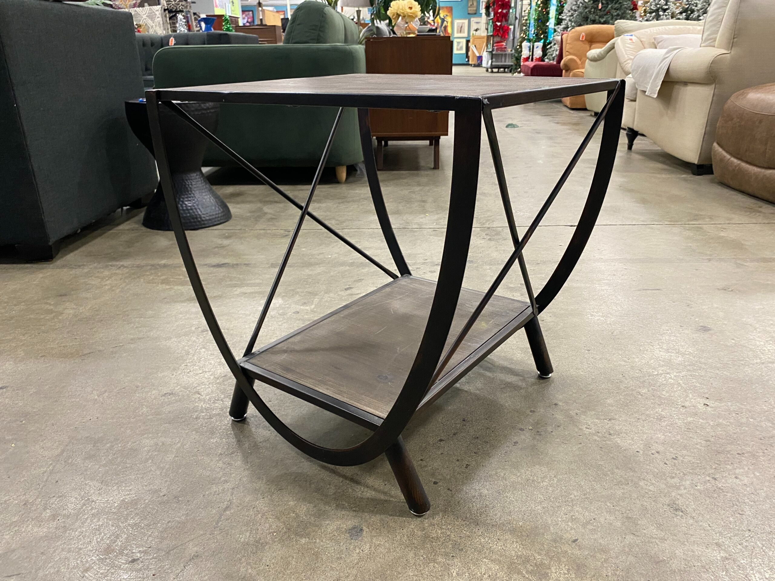 Rustic Square End Table with Curved Black Metal Frame