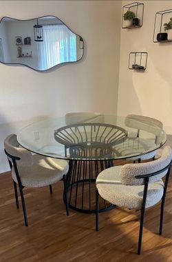 Modern 54” Round Glass Dining Table Set with 4 Chairs – Excellent Condition