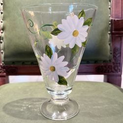 Vintage Teleflora Glass Flower Vase hand painted daisies 7.5” tall oval top
