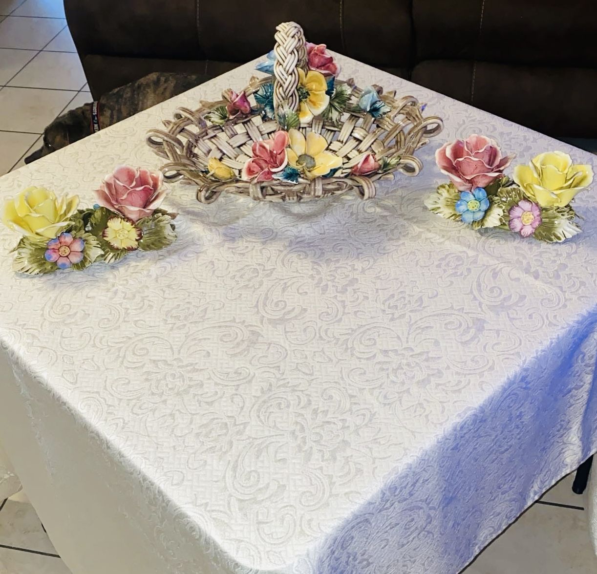 Antique Ceramic Flower Basket With Candle Holders