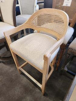 Americana Mid-Century Modern 26" Cane Back Counter Stool, Ivory White Bouclé