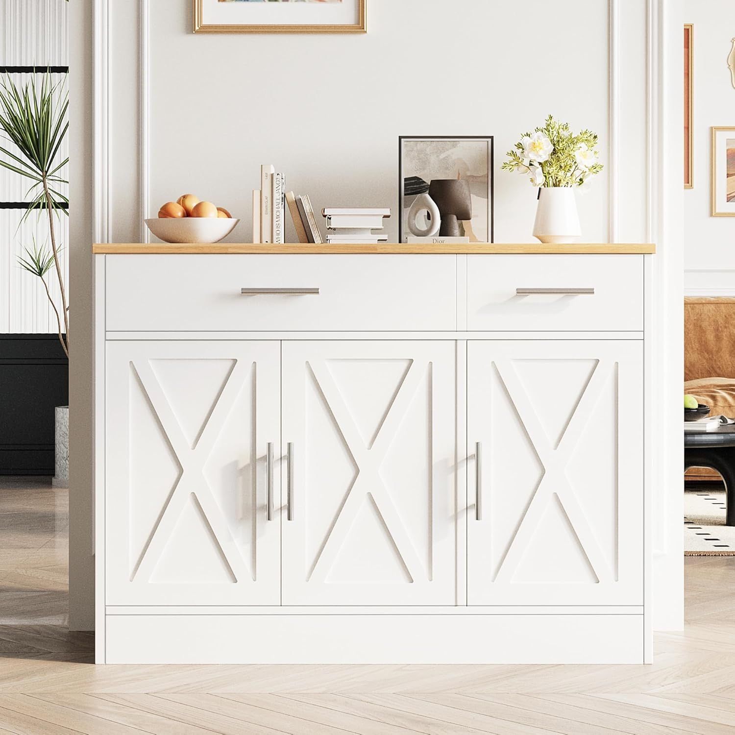 New Buffet Sideboard with Storage, 43 Inch Coffee Bar Cabinet, Modern Farmhouse Storage Cabinet with Adjustable Shelf, Organizers and Storage Table N