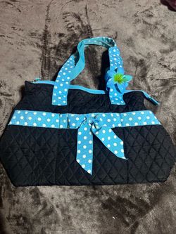 Black Quilted Tote Bag with Blue Polka Dot Trim