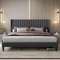 King Bed Frame Upholstered Platform Bed with Fabric Headboard, Wing Edge Design/Non-Slip and Noise-Free/Wooden Slats Support/No Box Spring Needed/Easy