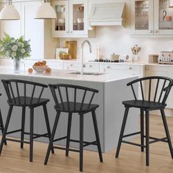 Wood Bar Stools with Semicircular Backrest, Black Farmhouse Barstools Set of 3, Modern Counter Height Bar Stools for Kitchen Island, 24 Inch