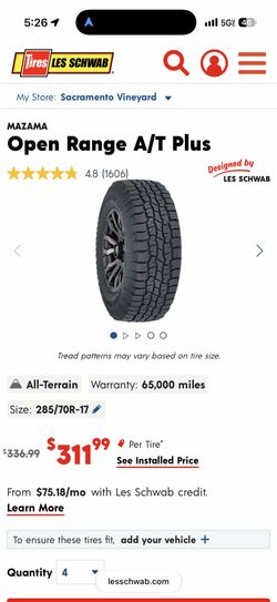 (1) MAZAMA Open Range A/T Plus 285/70/17 tire