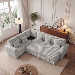 110-inch U-shaped corduroy super soft sectional sofa with storage and pull-out bed, corner coffee table with cup holder and USB port; suitable for liv