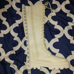 White Knee-High Lace-Up Combat Boot