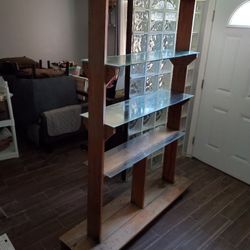 Wood bookcase with mirror and glass shelves