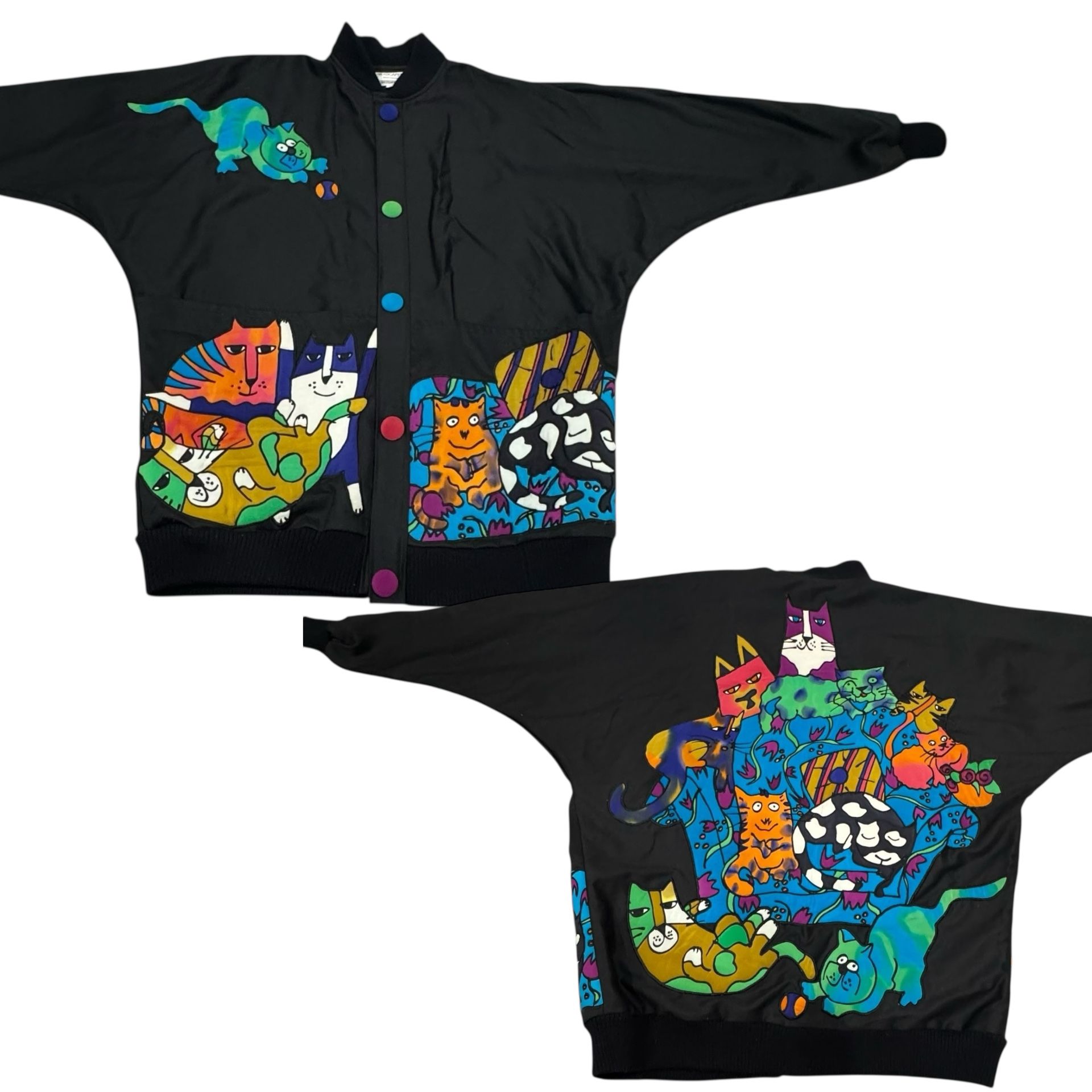 Vtg 80’s Silkscapes Batwing Jacket Adult SM Black Art-To-Wear Cat Embroidered