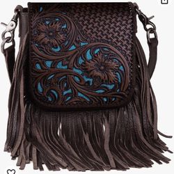 Leather Fringe Crossbody Purse With Teal Detail