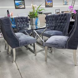 Modern Dining Set 🩶 Grey Velvet Chairs 