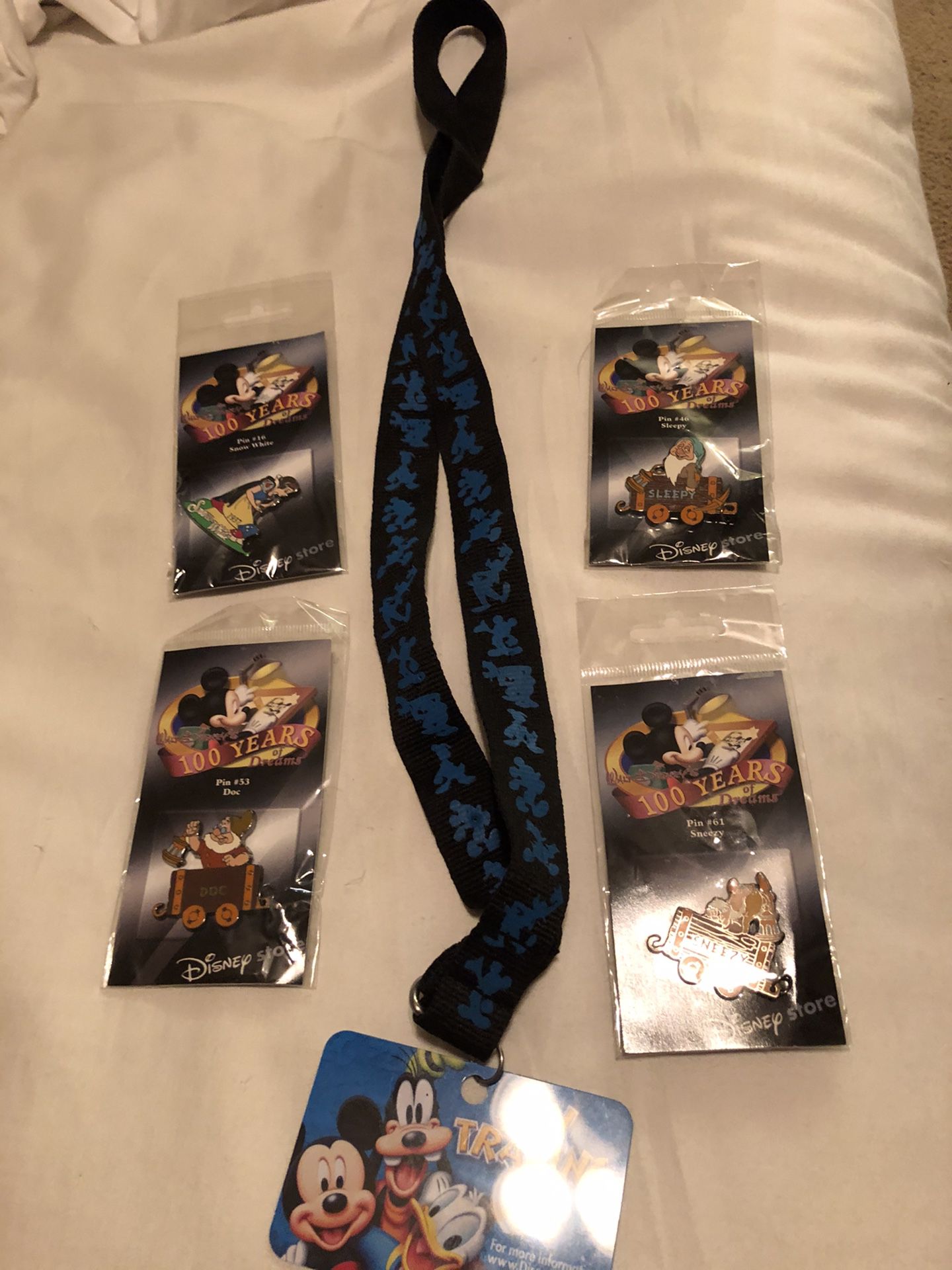 Disney lanyard for pin collecting, with four pins