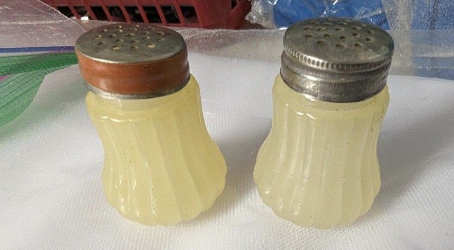 Antique Yellow Satin Glass Personal Size Miniature Salt Pepper Shakers