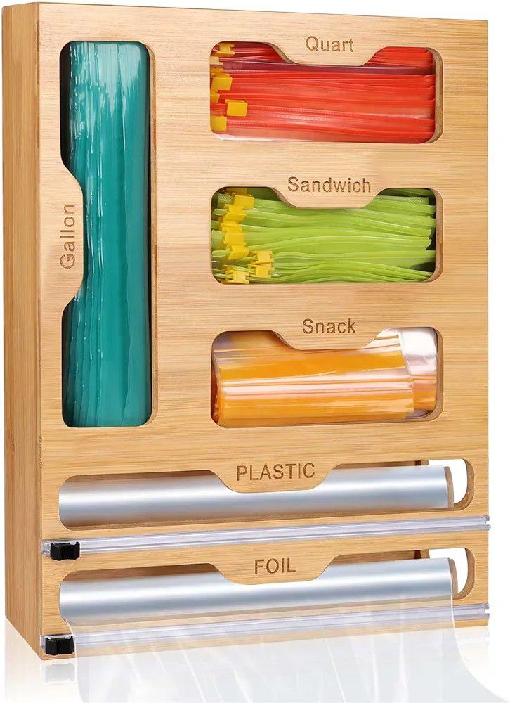 6 IN1 Bamboo Foil and Plastic Wrap Dispenser with Cutter for Kitchen Drawer, Storage Bag Organizer, Compatible with Gallon, Quart, Sandwich and Snack 